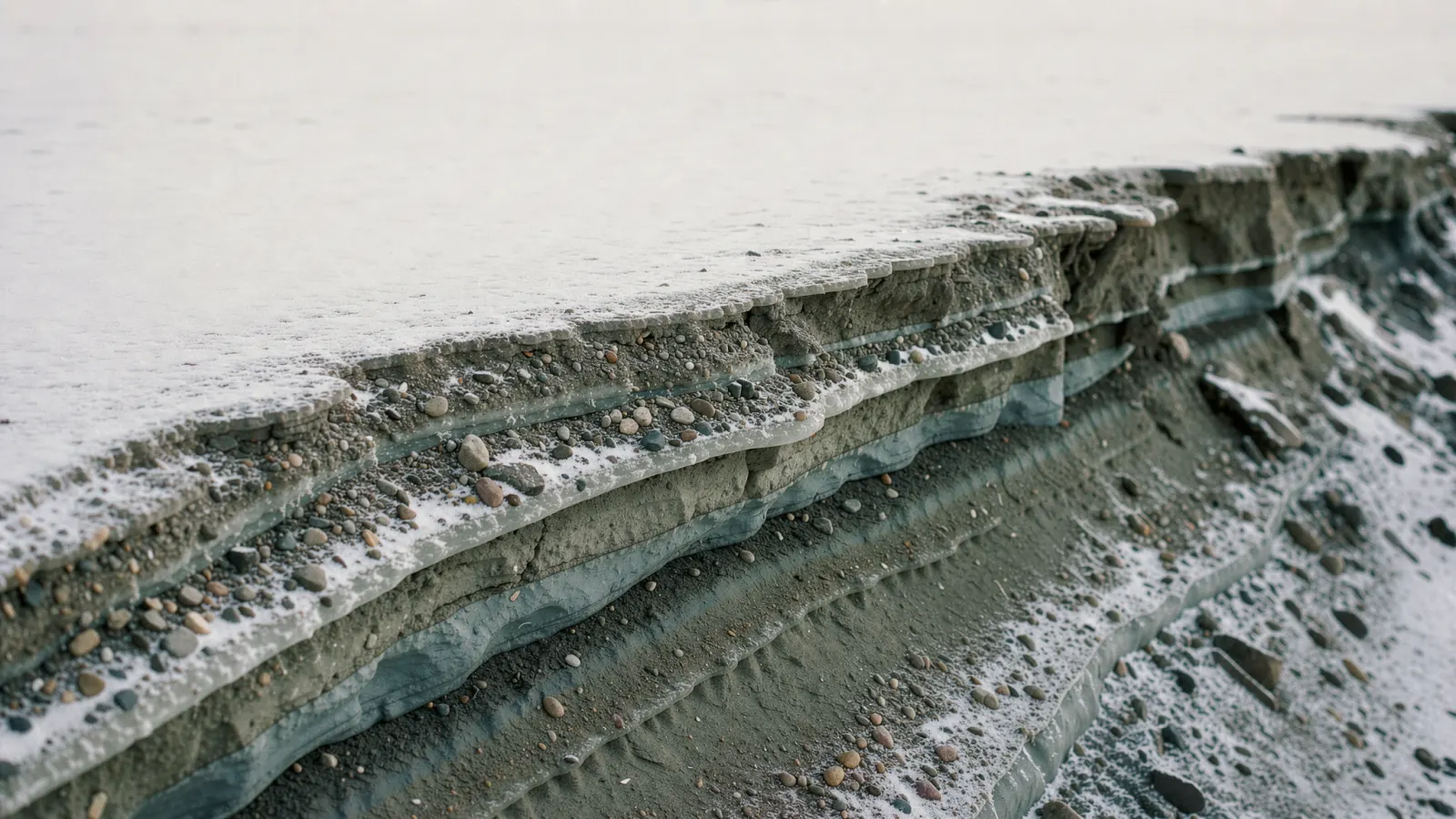Abstract terraced shapes in muted clay and cool grey, dusted with pale frost, like a graded site in early winter light