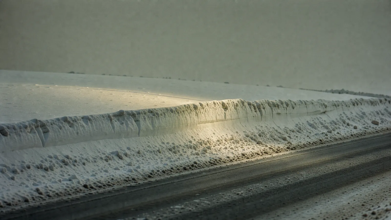 Abstract soft drifts of white and pale blue grey with faint diagonal lines, like a plowed lot under falling snow at dawn