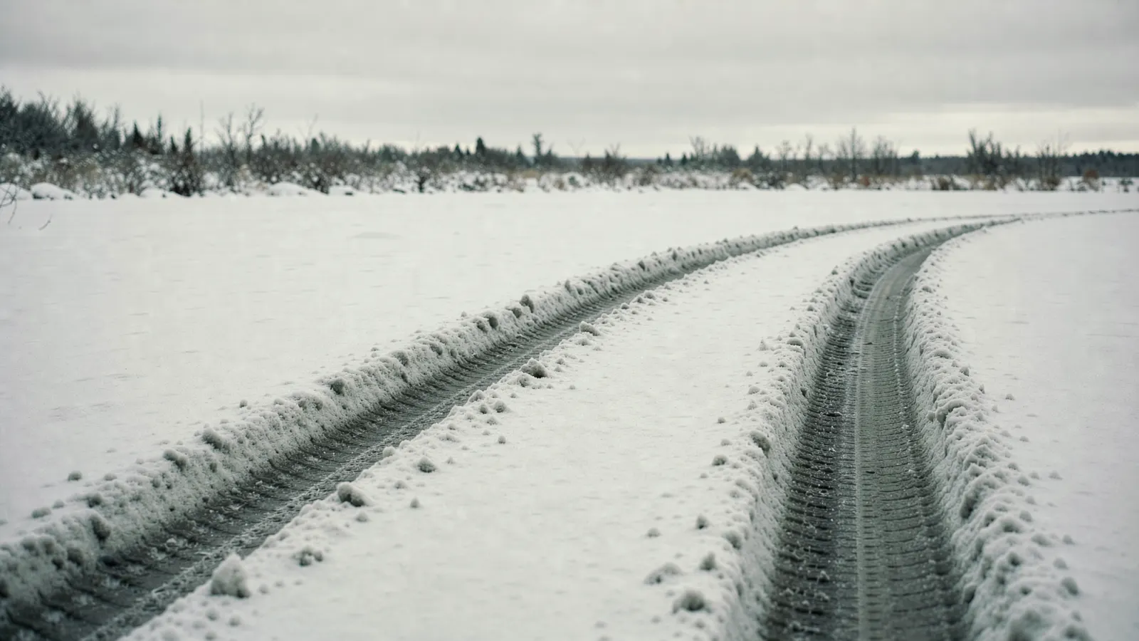 Abstract long horizontal bands in muted slate and frost grey, like a highway stretching across a snowy plain under a pale winter sky