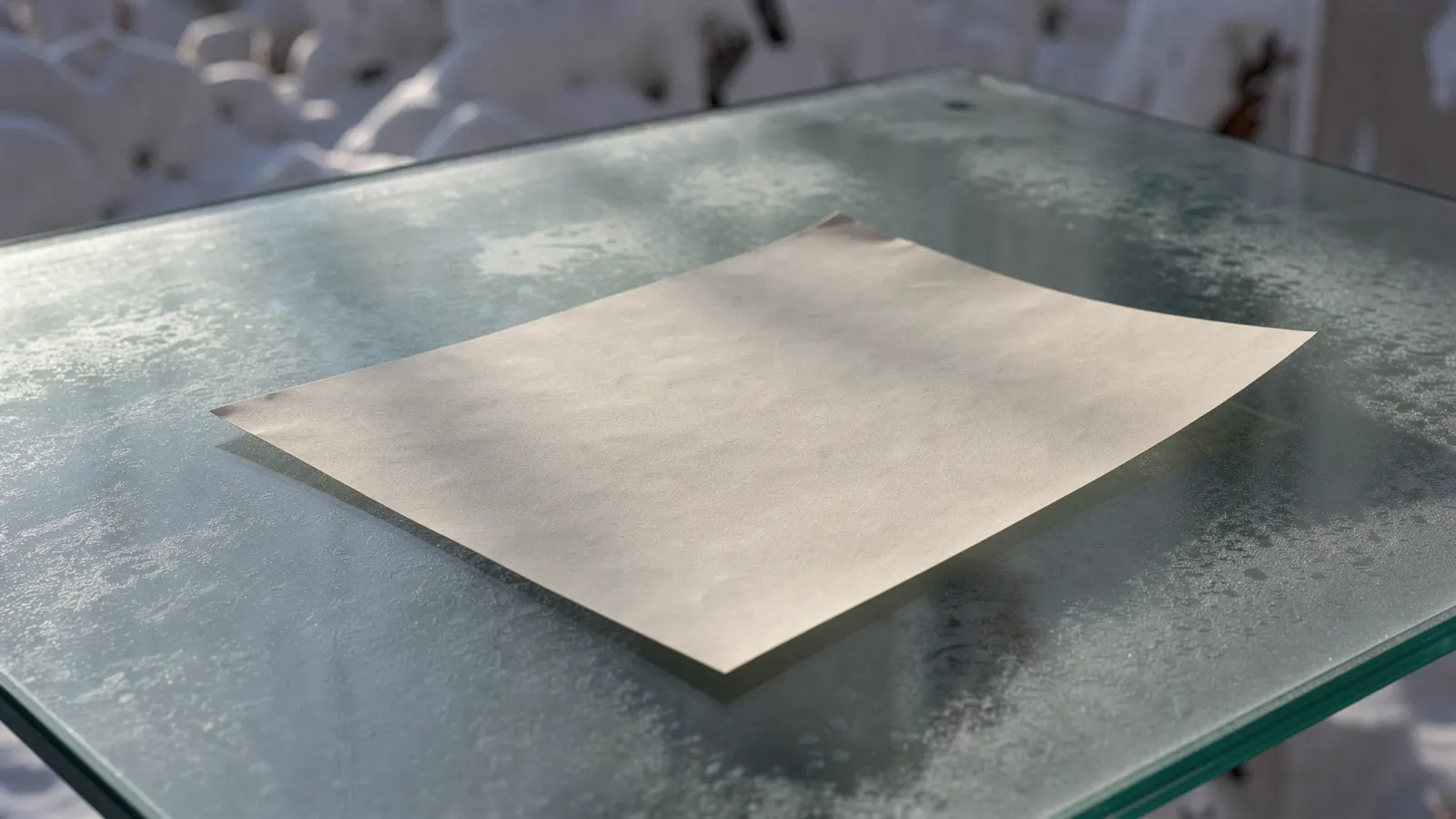 Soft overlapping sheets of pale paper in cool grey and ice blue, edges catching a faint winter light