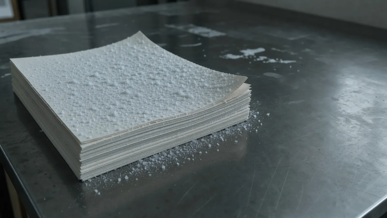 Abstract, muted winter-toned image suggesting stacks of paper slowly piling up