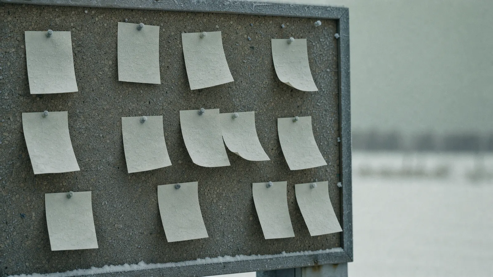 Abstract, muted winter-toned image suggesting a stack of paper tickets and a wiped whiteboard