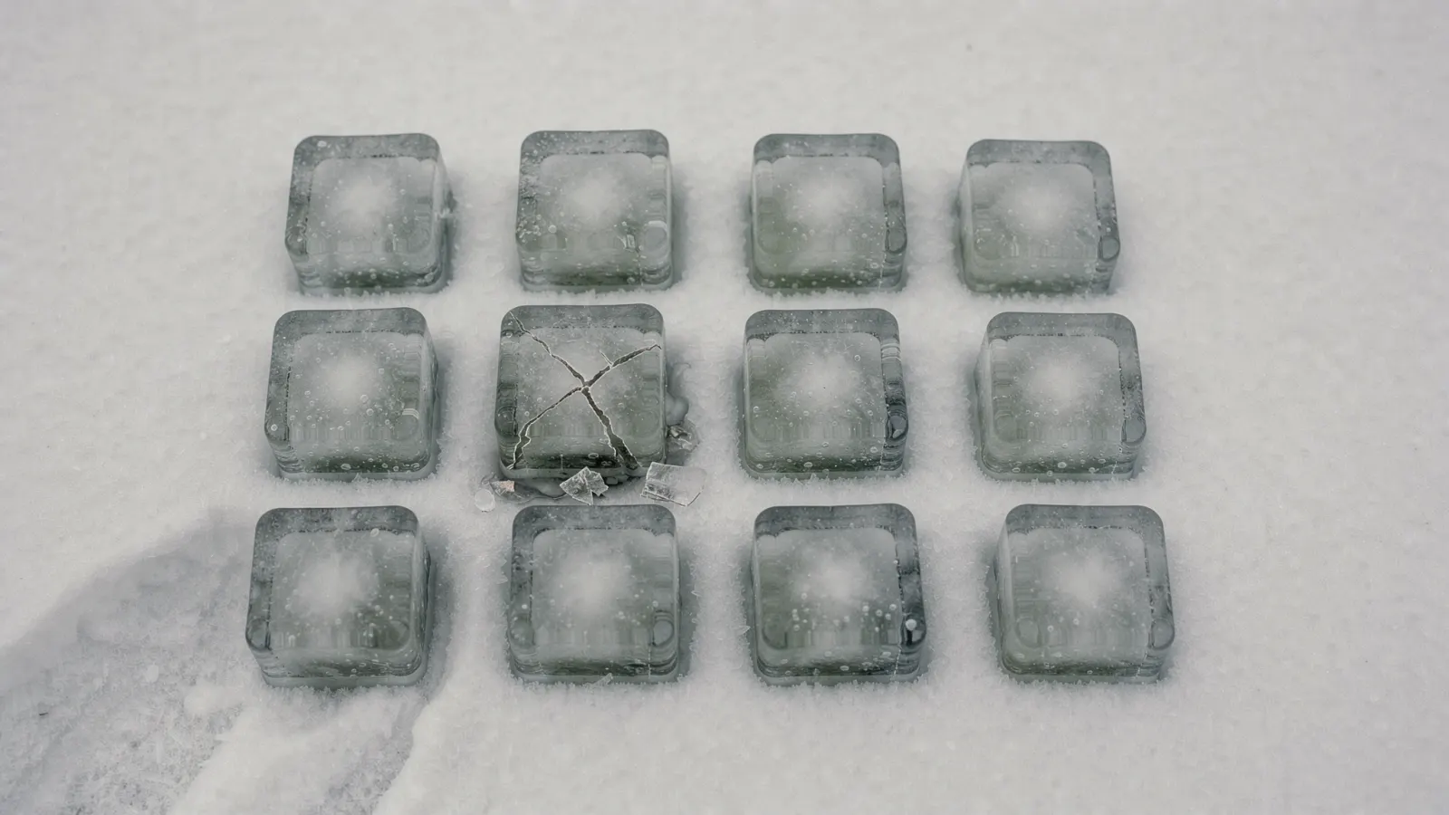 Abstract, muted winter-toned image suggesting a grid of cells with one quietly out of place