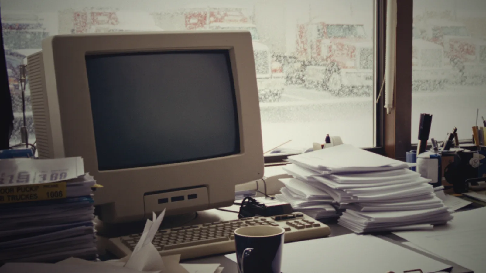 An office desk with paper job tickets and a clipboard, trucks parked outside the window