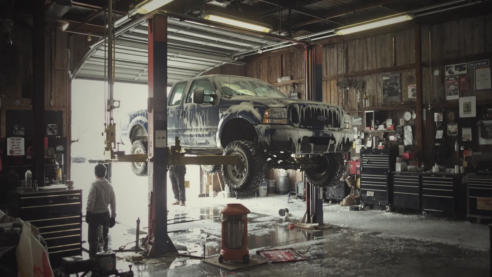 A mechanic working under a pickup truck on a hoist in a repair shop
