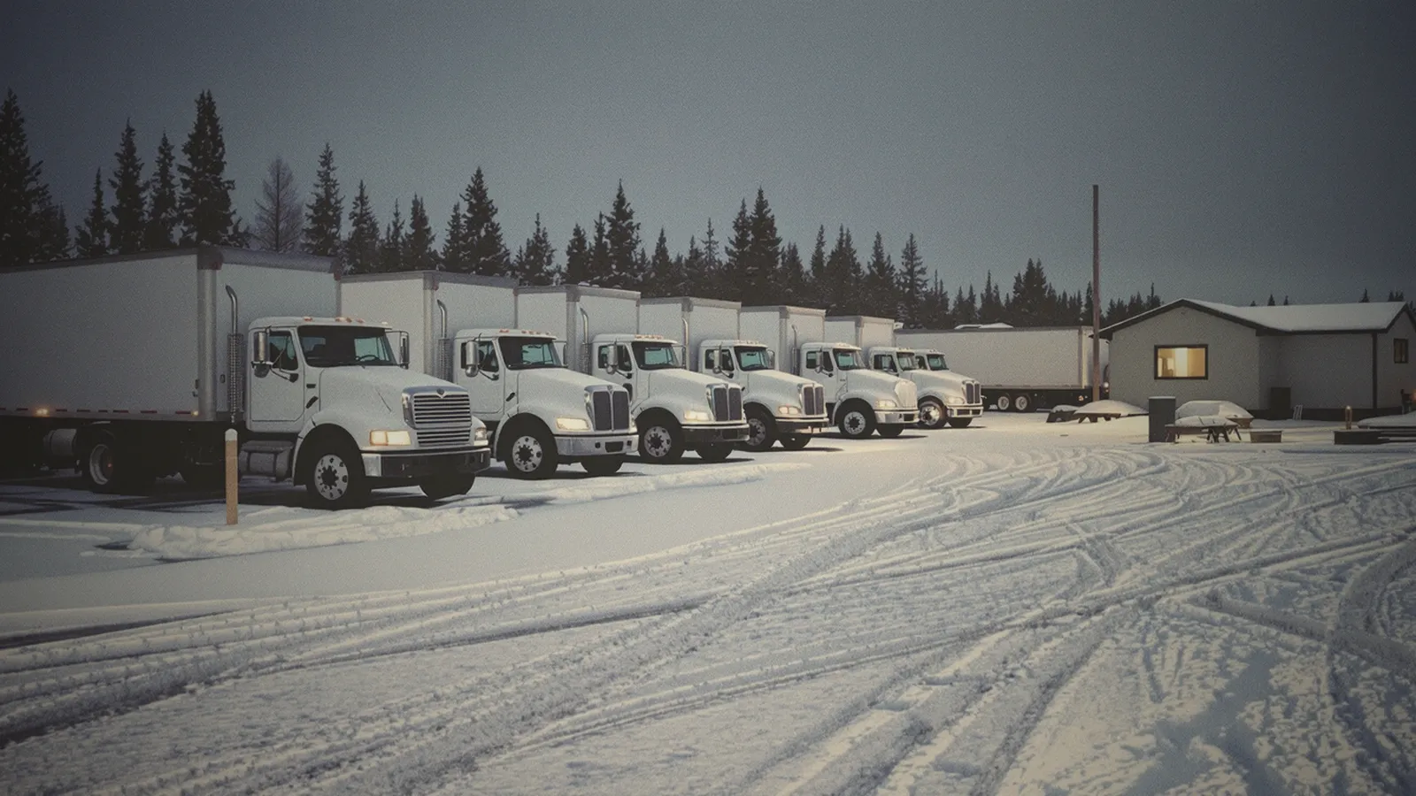 A row of gravel trucks parked in a hauling company's yard